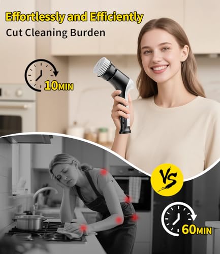KELAWE Electric Spin Scrubber, Cordless Household Cleaning Brush with 6 Replaceable Heads, 3 Speeds, LED Display, Lightweight Handheld Power Scrubber for Cleaning Stove/Bowl/Sink/Corner/Tile/Grout-Black - Image 2