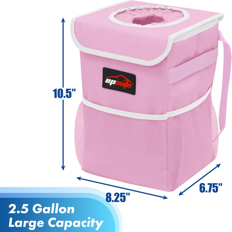 EPAuto Waterproof Car Trash Can with Lid and Storage Pockets, 2.5 Gallon Leakproof, Pink - Image 2