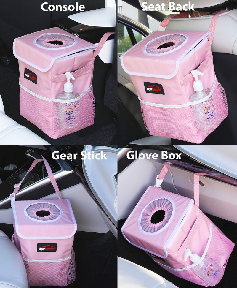 EPAuto Waterproof Car Trash Can with Lid and Storage Pockets, 2.5 Gallon Leakproof, Pink - Image 3