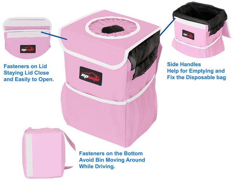 EPAuto Waterproof Car Trash Can with Lid and Storage Pockets, 2.5 Gallon Leakproof, Pink - Image 4