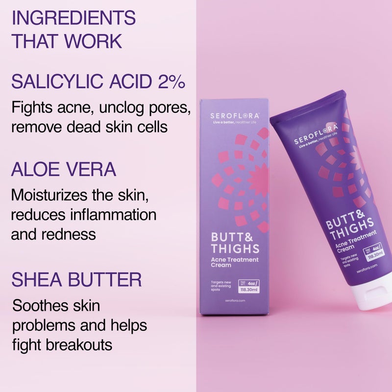 seroflora Butt Acne Clearing Treatment Cream - Reduce Bum Acne, Pimples & Zits - Clearing Acne Lotion for Buttocks - 2% Salicylic Acid for Acne Prone Skin (4oz) Made in USA. - Image 4