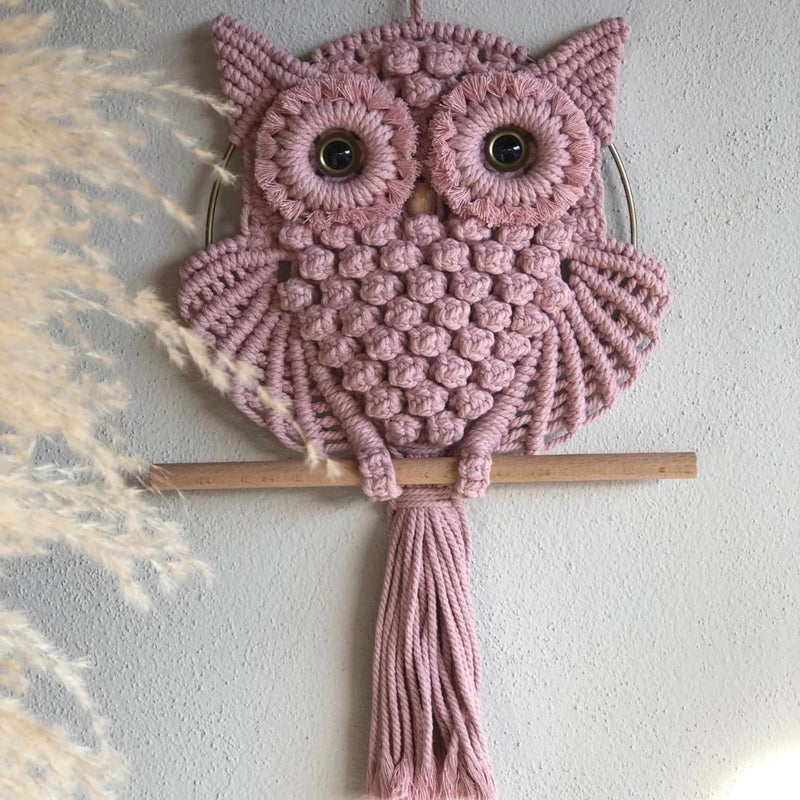 TMS Bohemian Owl Macramé Wall Hanging - 12 x 23 Inch - Handcrafted Boho Home Décor with Natural Elements - Boho Chic Accent for Home, Office, or Living Room (Peach) - Image 2