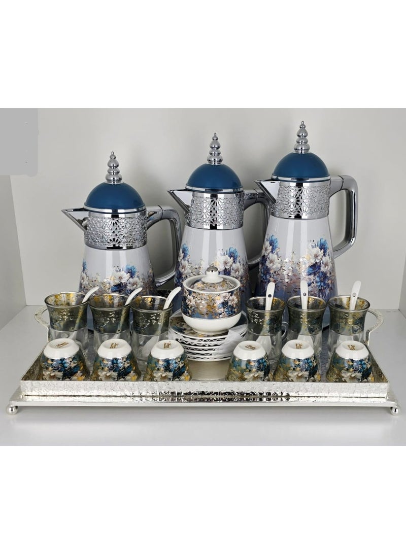 رادین طقم ترمس فاخر للقهوة والشاي العربية مع أكواب وصينية بتصميم زهري فضي وأزرق للحفاظ على المشروبات ساخنة وباردة للاستخدام في المجلس والمنزل كهدايا