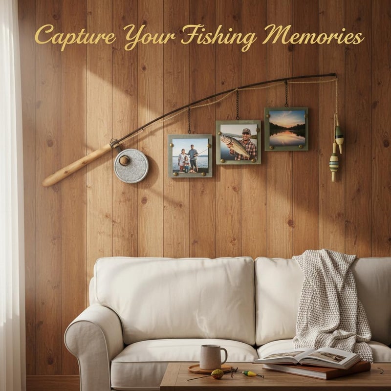 Young's Inc Wood Fishing Pole Triple Photo Frame â€“ Rustic Lake House Wall Fish Decor with Hanging 4x4 Frames, Lodge & Woodland Cabin Accent for Fishermen, Outdoor Enthusiasts, and Family Memories - Image 4