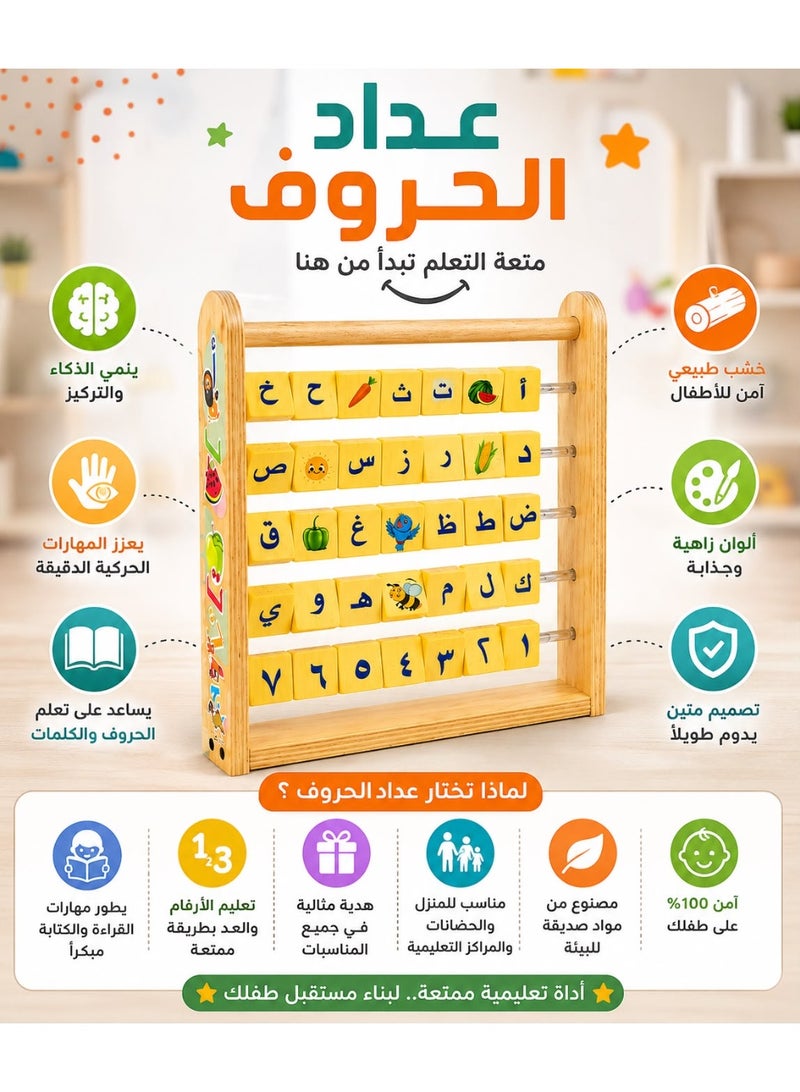 عداد خشبي للأبجدية العربية والأرقام للأطفال، مكعبات حروف وأرقام دوارة مع مطابقة الصور، لعبة تعليمية مونتيسوري للأولاد والبنات في مرحلة ما قبل المدرسة - Image 2