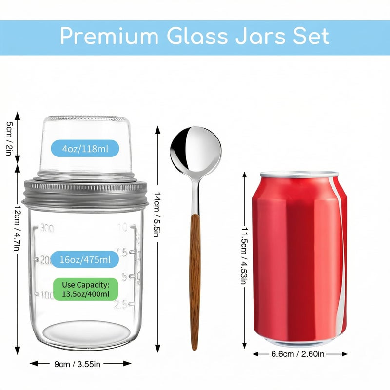 shopwithgreen 4 Pack Overnight Oats Containers with Lids and Spoons, Dual-Layer Chia Pudding Jars with Dry/Wet Separation,Yogurt Parfait Cups, 16 oz+4oz Glass Mason Salad Jars with Lids for Breakfast Oatmeal Cereal - Image 2