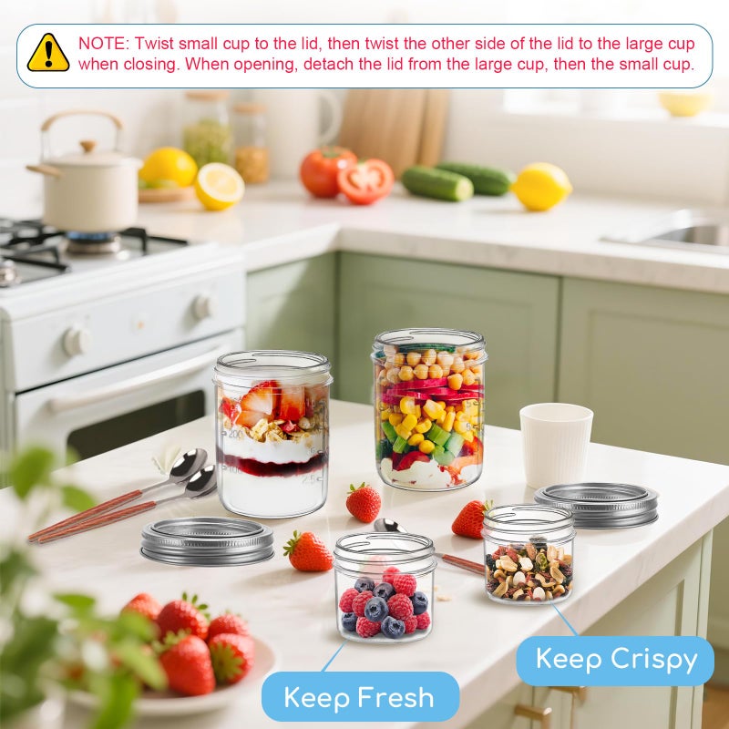 shopwithgreen 4 Pack Overnight Oats Containers with Lids and Spoons, Dual-Layer Chia Pudding Jars with Dry/Wet Separation,Yogurt Parfait Cups, 16 oz+4oz Glass Mason Salad Jars with Lids for Breakfast Oatmeal Cereal - Image 4