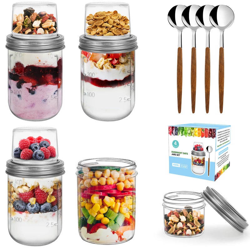 shopwithgreen 4 Pack Overnight Oats Containers with Lids and Spoons, Dual-Layer Chia Pudding Jars with Dry/Wet Separation,Yogurt Parfait Cups, 16 oz+4oz Glass Mason Salad Jars with Lids for Breakfast Oatmeal Cereal - Image 1