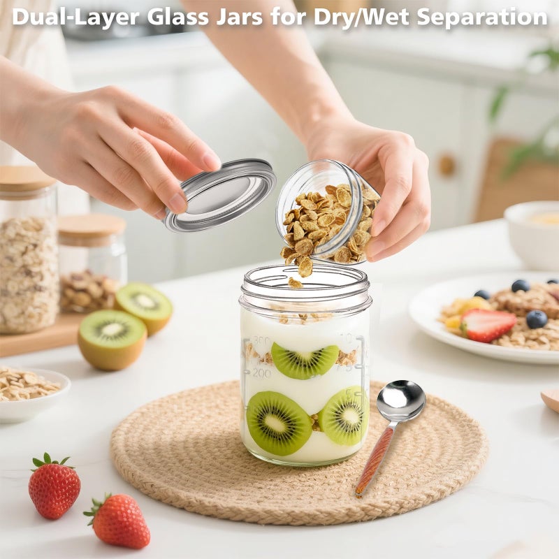 shopwithgreen 4 Pack Overnight Oats Containers with Lids and Spoons, Dual-Layer Chia Pudding Jars with Dry/Wet Separation,Yogurt Parfait Cups, 16 oz+4oz Glass Mason Salad Jars with Lids for Breakfast Oatmeal Cereal - Image 3