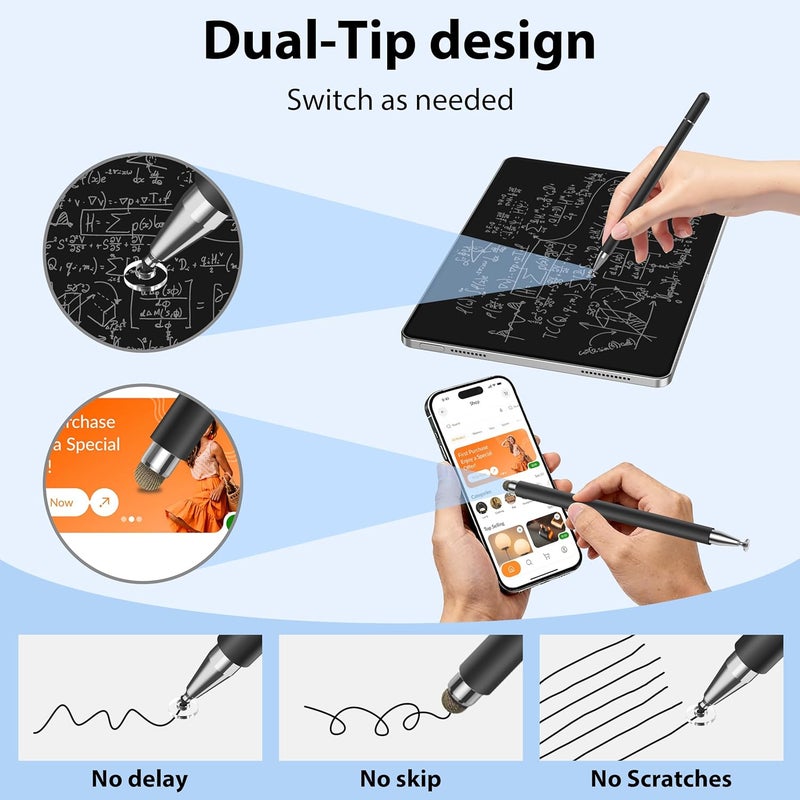 Zoye Stylus Pens for Touch Screens, High Precision and Sensitivity，2 in 1 Universal Stylus Pen for iPhone/iPad/Android/Microsoft Tablets (Black) - Image 2