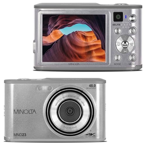 Minolta 48MP Digital Camera with Rear Selfie Lens – 4K Ultra HD Video, 2.8" LCD Screen, 16X Digital Zoom, Autofocus, Slow Motion, Time Lapse, Filters, Scene Modes, 32GB Card Included (Silver) - Image 1