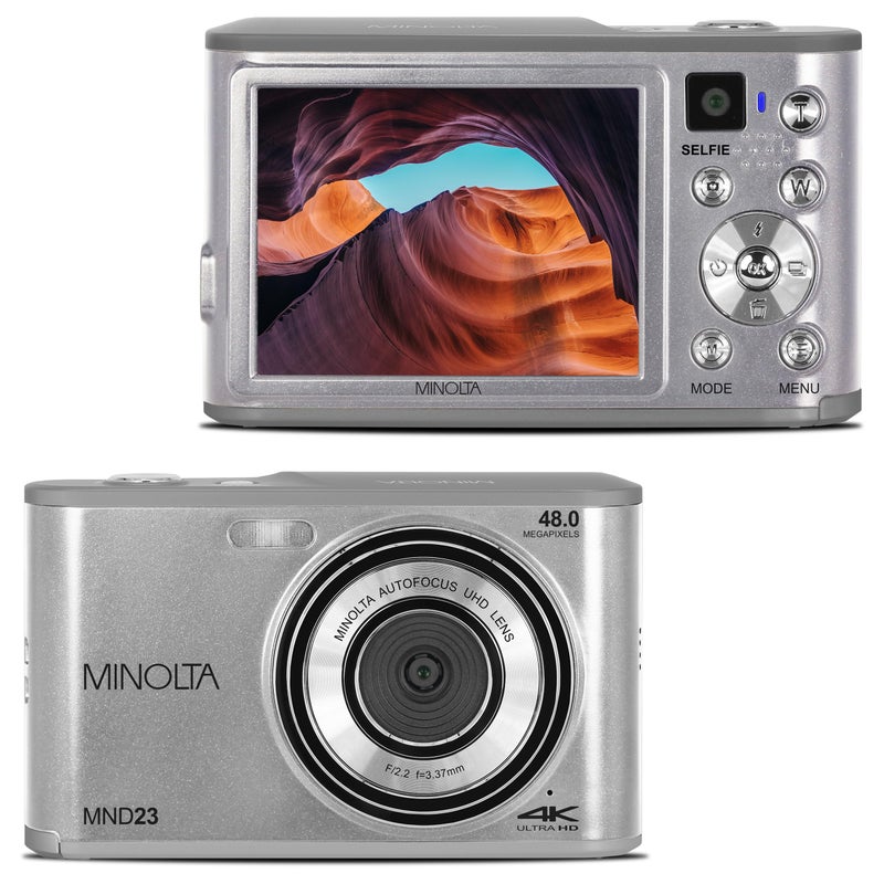 Minolta 48MP Digital Camera with Rear Selfie Lens – 4K Ultra HD Video, 2.8" LCD Screen, 16X Digital Zoom, Autofocus, Slow Motion, Time Lapse, Filters, Scene Modes, 32GB Card Included (Silver) - Image 2