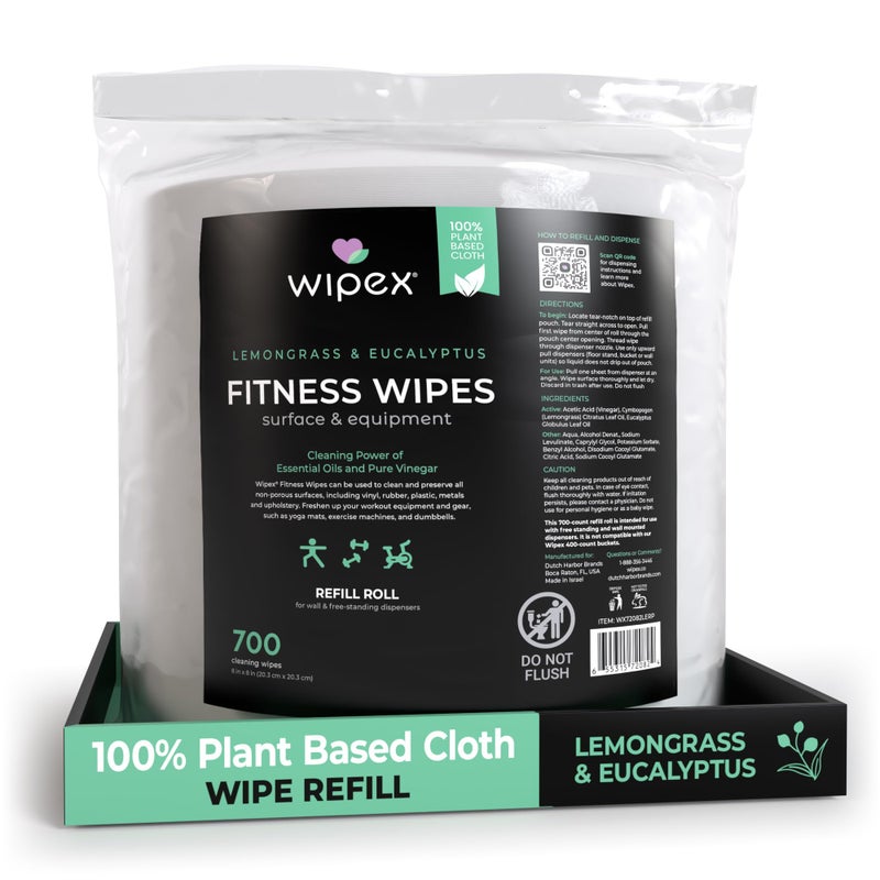 Wipex Gym Wipes Dispenser Refill 700 Count 8x8 PlantBased Fitness Equipment Wipes with Cleaning Vinegar Lemongrass Eucalyptus Essential Oil Great Gym Wipes for Equipment 1 Pack