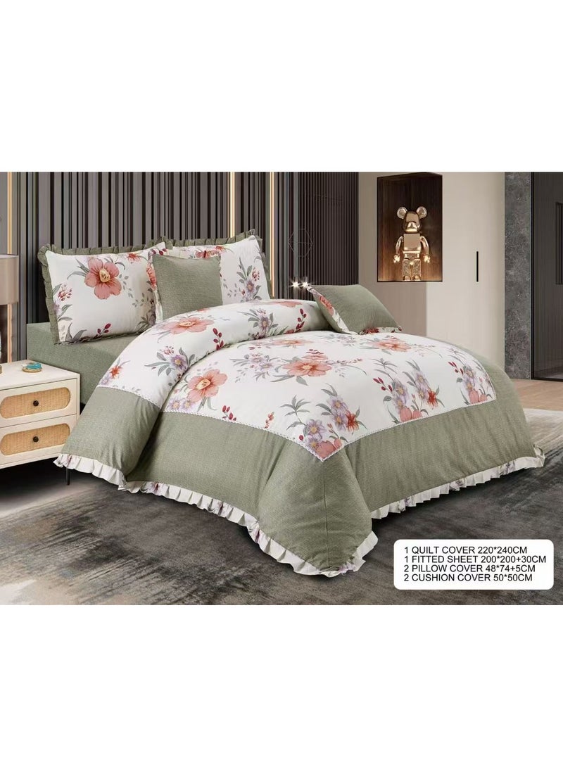 GOLDEN MILLION غطاء لحاف مزخرف بالأزهار من القطن 100% مجموعة بياضات سرير 6 قطع بحجم كينغ