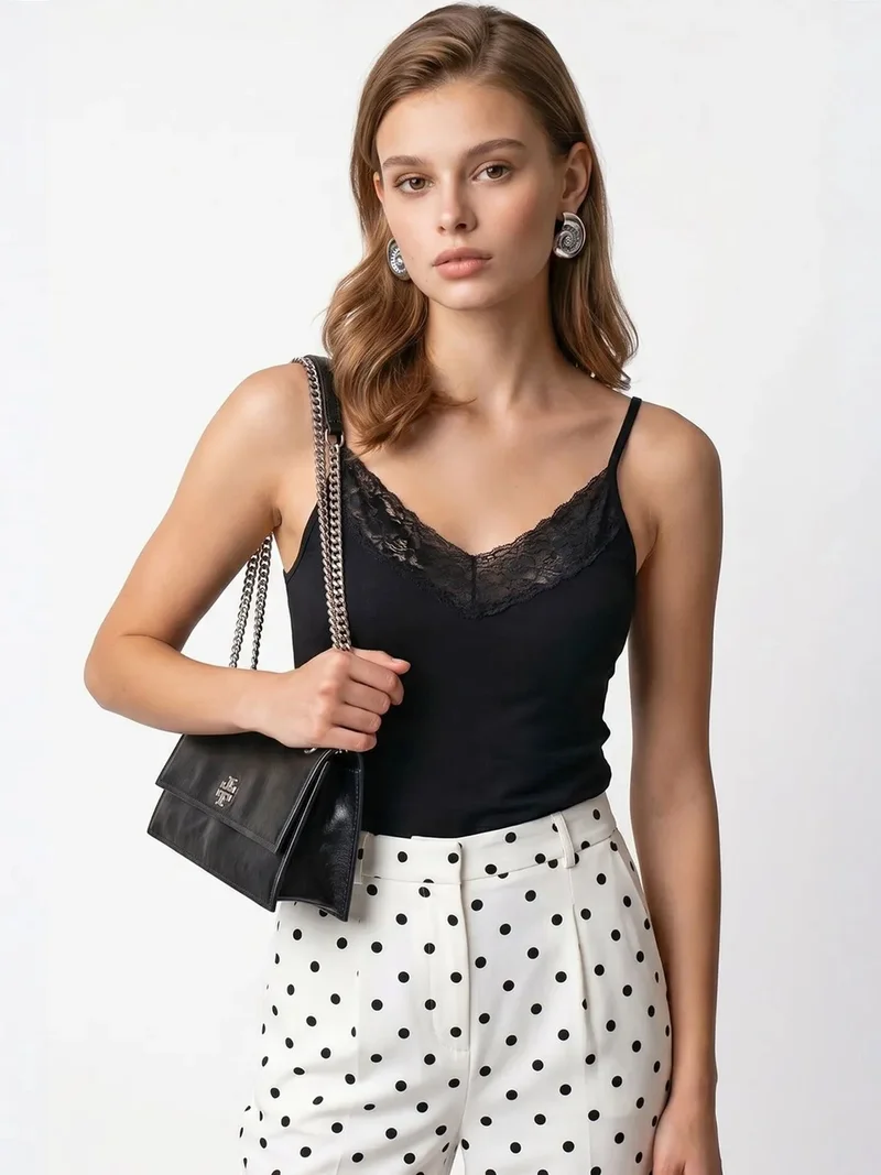 Mixray Black MIXRAY Fitted Viscose Lace Cami Top for Women | Best Price UAE