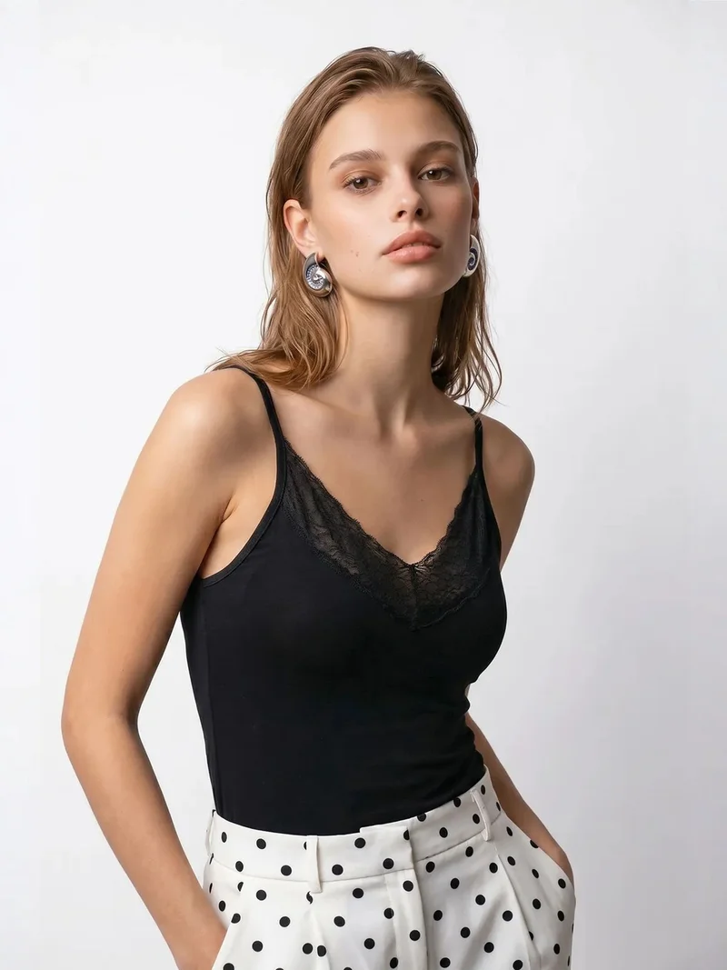 Mixray Black MIXRAY Fitted Viscose Lace Cami Top for Women | Best Price UAE