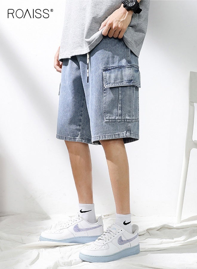roaiss Summer Men's Cargo Work Pants Denim Short Thin Loose Popular Casual Comfortable Pant Zipper Washed Straight with Pockets Daily Versatile Shorts Blue - Image 2