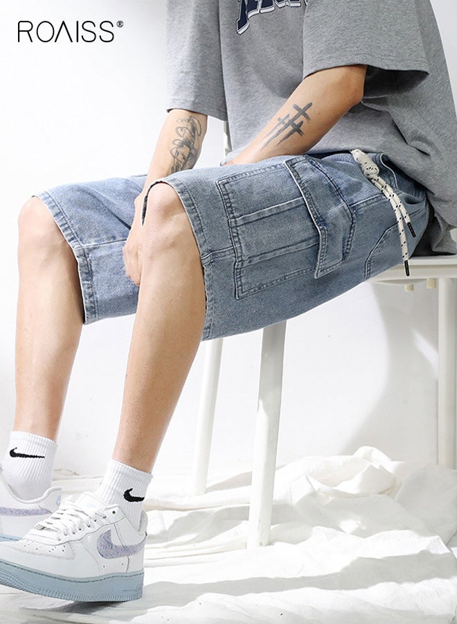 roaiss Summer Men's Cargo Work Pants Denim Short Thin Loose Popular Casual Comfortable Pant Zipper Washed Straight with Pockets Daily Versatile Shorts Blue - Image 3