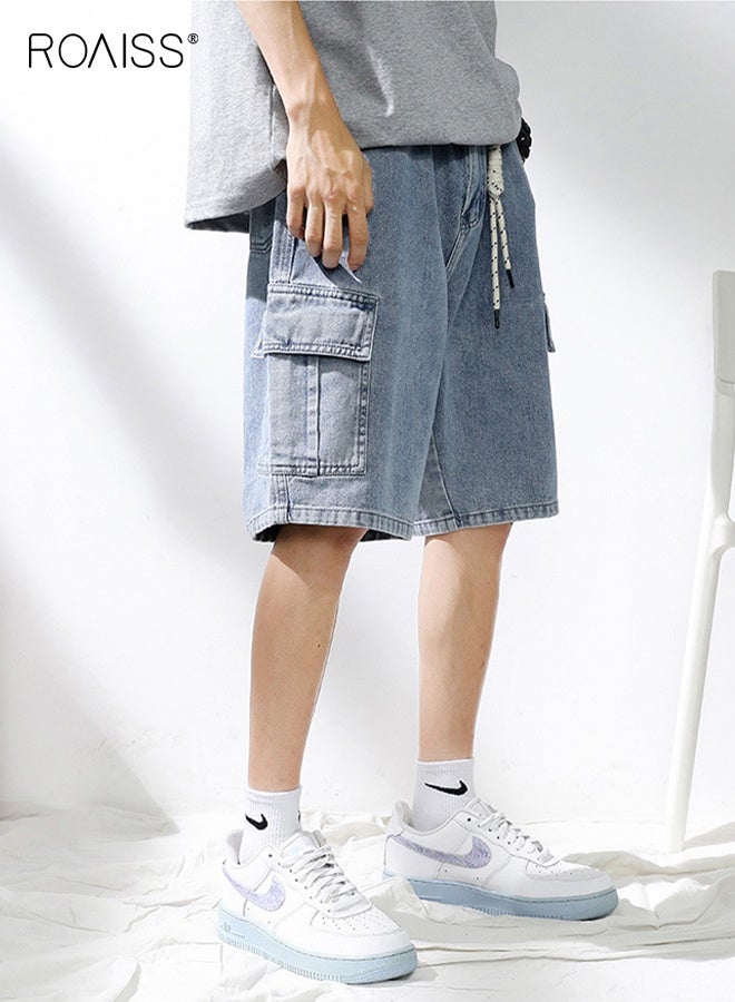 roaiss Summer Men's Cargo Work Pants Denim Short Thin Loose Popular Casual Comfortable Pant Zipper Washed Straight with Pockets Daily Versatile Shorts Blue - Image 1