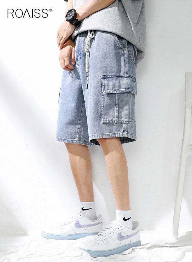roaiss Summer Men's Cargo Work Pants Denim Short Thin Loose Popular Casual Comfortable Pant Zipper Washed Straight with Pockets Daily Versatile Shorts Blue - Image 4