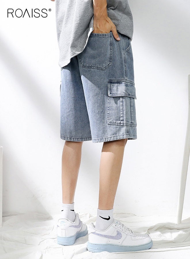 roaiss Summer Men's Cargo Work Pants Denim Short Thin Loose Popular Casual Comfortable Pant Zipper Washed Straight with Pockets Daily Versatile Shorts Blue - Image 5