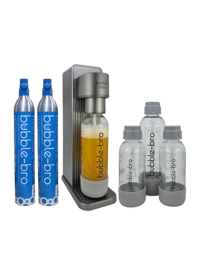 bubble-bro Versa Soda Maker Family Pack - with 2 x 60L CO2 Cylinders, 1 x additional 1L bottle & 2 x 500ml bottles - carbonate any drink (Metallic Grey) - Image 1