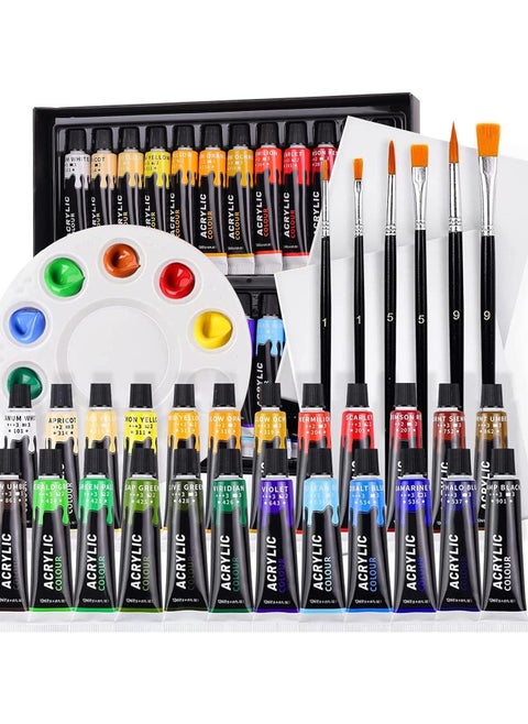Acrylic Paints Set - 24 Colors Art Painting Kit Supplies for Wood, Canvas, Fabric, Rock, Glass - Non-Toxic Acrylic Paint for Kids, Beginners and Artists (with 6 Brushes,1 Palette and 2 Canvas)