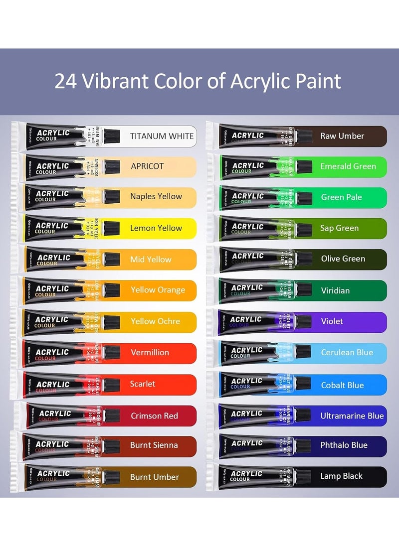 Acrylic Paints Set - 24 Colors Art Painting Kit Supplies for Wood, Canvas, Fabric, Rock, Glass - Non-Toxic Acrylic Paint for Kids, Beginners and Artists (with 6 Brushes,1 Palette and 2 Canvas)