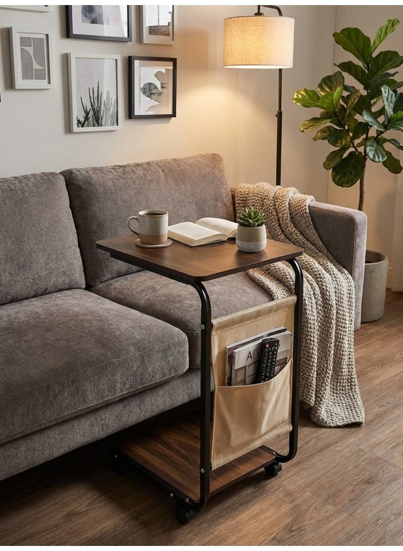 Living C-Shaped Smart Serving Table with Wheels and Side Organizer - Image 3