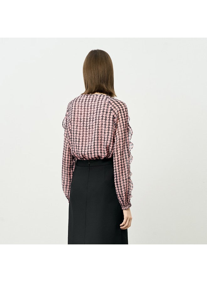 Yanyee Pink Plaid Shirt Women Autumn Design Loose Slim Elegant Top Pink Floral M - Image 2