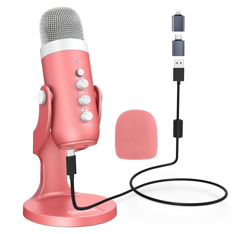 ميكروفون USB من ZealSound ميكروفون مكثف للكمبيوتر توصيل وتشغيل ميكروفونات الألعاب لـ PS 45 إخراج سماعة التحكم في الصوت التحكم في مكسب الميكروفون زر كتم الصوت بودكاست يوتيوب على ماك ويندوز وردي لؤلؤي