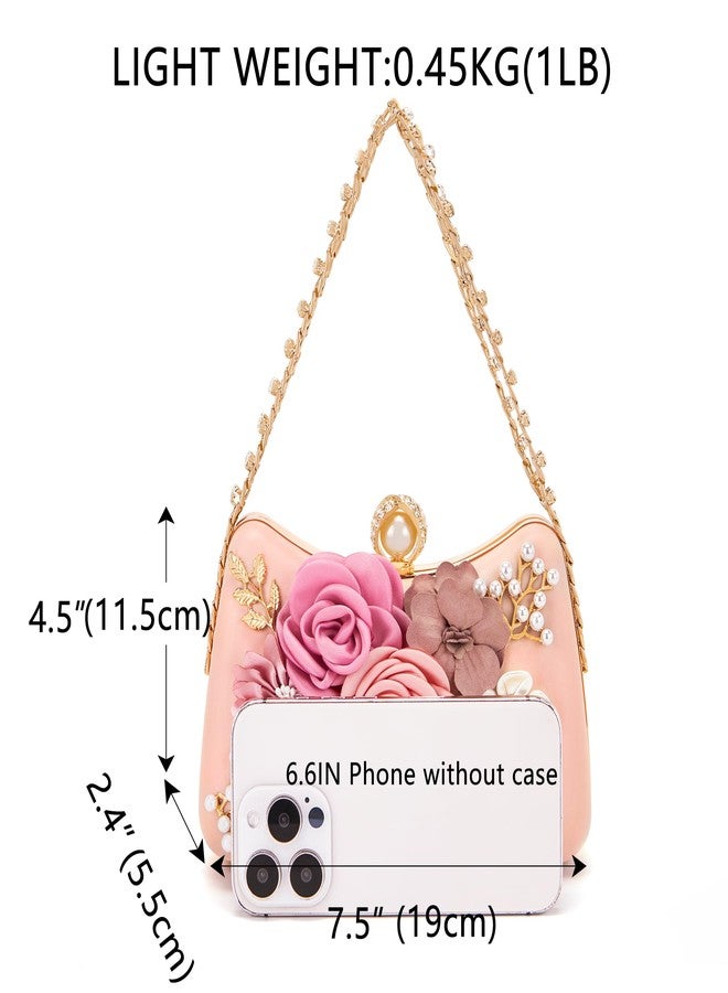 Milisente Clutch Purses For Women Unique Floral Pearl Evening Bag With Crystal Top Handle For Formal Wedding Dressy(F Pink) - Image 2
