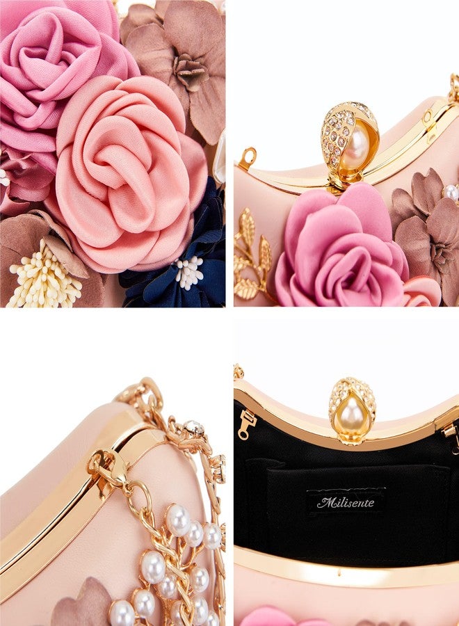 Milisente Clutch Purses For Women Unique Floral Pearl Evening Bag With Crystal Top Handle For Formal Wedding Dressy(F Pink) - Image 5