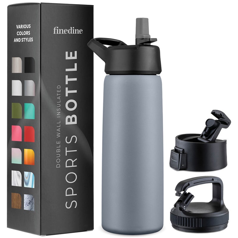 FineDine Triple Walled Insulated Water Bottles with Straw  25 Oz Stainless Steel Metal Bottle W 3 Leak Proof Lids  For Travel School Sports GymMen Women  Kids  Modern Lava Gray