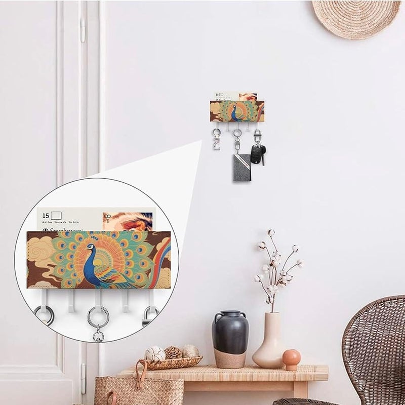 حامل مفاتيح طاووس على جدار اللوتس الذهبي مع 5 خطافات منظم مفاتيح من جلد PU - Image 5