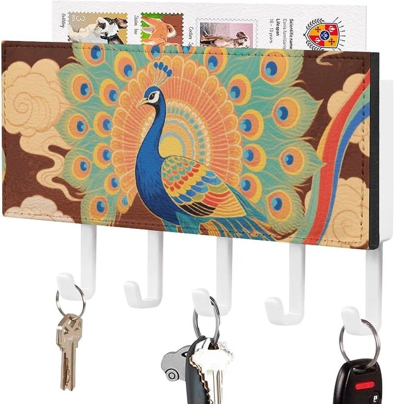 حامل مفاتيح طاووس على جدار اللوتس الذهبي مع 5 خطافات منظم مفاتيح من جلد PU - Image 1