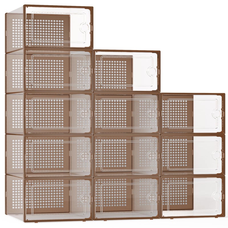 Kuject X-Large Shoe Storage Boxes Organizers for Closet 12 Pack, Fit Size 11,Clear Plastic Stackable Sneaker Containers for Entryway, Space Saving Shoe Rack, Brown - Image 1
