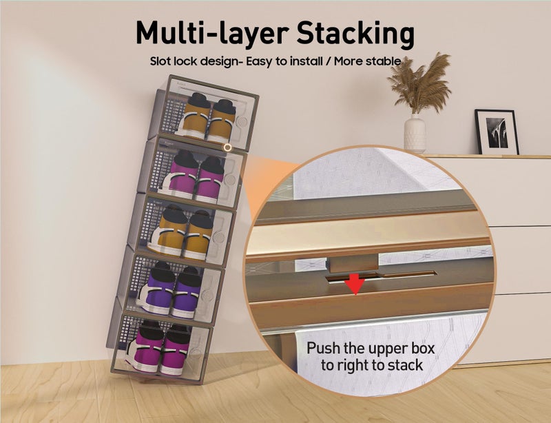 Kuject X-Large Shoe Storage Boxes Organizers for Closet 12 Pack, Fit Size 11,Clear Plastic Stackable Sneaker Containers for Entryway, Space Saving Shoe Rack, Brown - Image 3