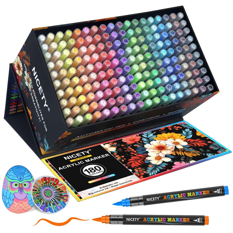 NICETY 180 Acrylic Paint Markers Acrylic Paint Pens Brush Tip for Rock Painting Wood Glass Stone Canvas Ceramic Fabric Acrylic Markers DIY Craft Art Supplies for Adults Artists