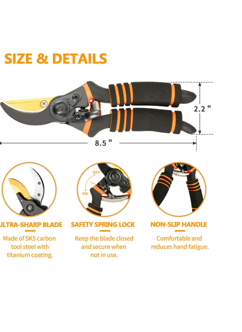 SYOSI - Pruning Shears, 8.5" SK5 Steel with Titanium Pruning Shears, Bypass Pruning Shears and Micro-tip Garden Scissors, Sharp Stainless Steel Blade, Garden Clippers for Rose, Plant, Tree, Garden Fift - Image 1