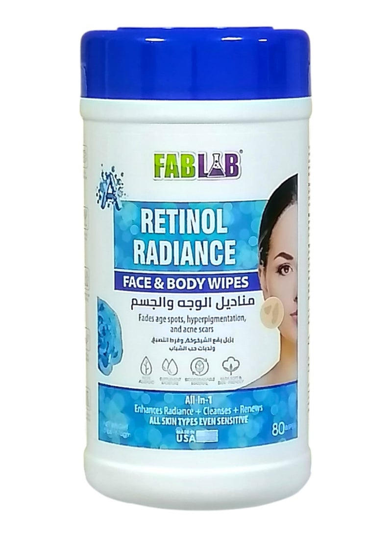 FabLab Retinol Radiance Face & Body Wipes Fades Age Spots, Hyperpigmentation, And Acne Scars 80 wipes