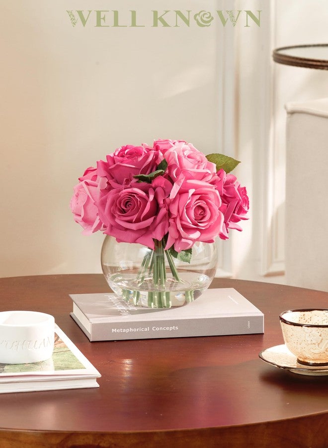 WELL KNOWN Artificial Flowers with Vase, Silk Rose Table Centerpieces with Faux Water for Home Decor, Fake Roses Flower Arrangements for Dining Table Decor & Gift (Fuchsia Pink) - Image 3