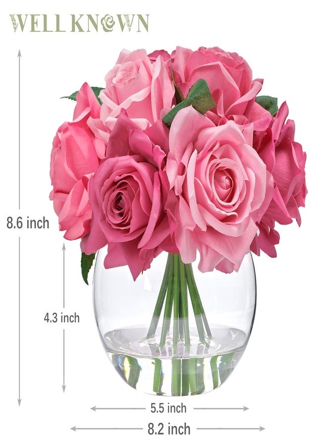 WELL KNOWN Artificial Flowers with Vase, Silk Rose Table Centerpieces with Faux Water for Home Decor, Fake Roses Flower Arrangements for Dining Table Decor & Gift (Fuchsia Pink) - Image 2