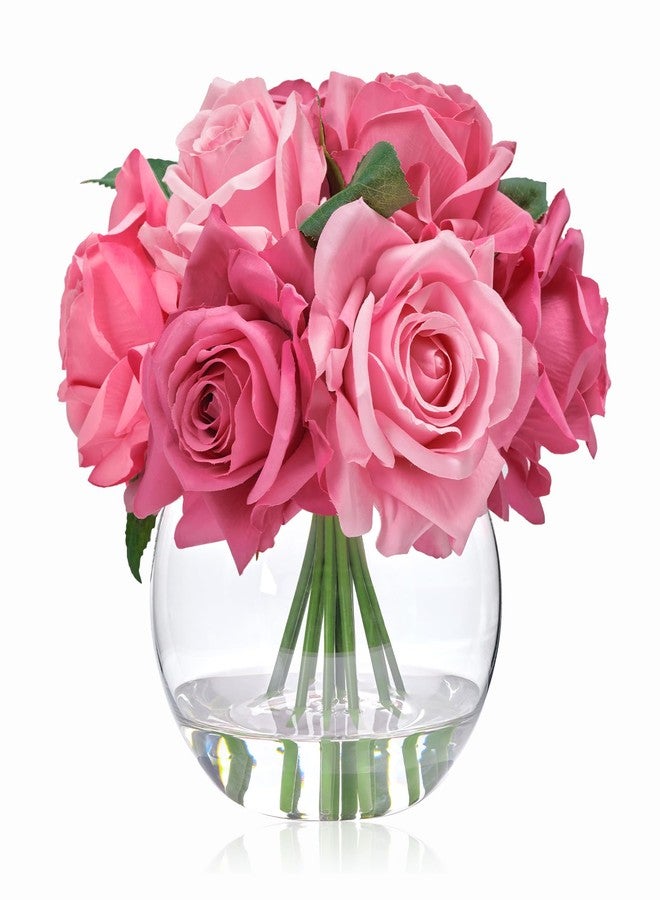 WELL KNOWN Artificial Flowers with Vase, Silk Rose Table Centerpieces with Faux Water for Home Decor, Fake Roses Flower Arrangements for Dining Table Decor & Gift (Fuchsia Pink) - Image 1