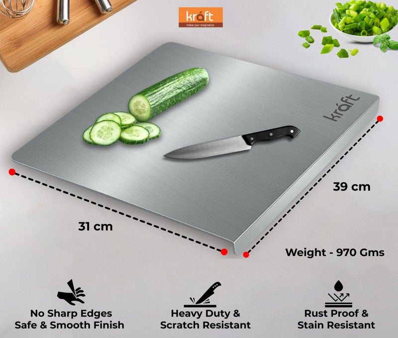 Kraft Stainless Steel Chopping Board – 39 x 31 cm, Food Grade Steel Cutting Board with Lip, Non-Slip & Rust-Proof, Sleek Rounded Edges, Heavy-Duty for Cutting Vegetables, Meat, Fish & Fruits – Large - Image 2