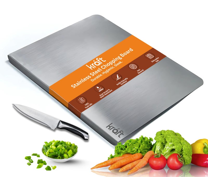 Kraft Stainless Steel Chopping Board – 39 x 31 cm, Food Grade Steel Cutting Board with Lip, Non-Slip & Rust-Proof, Sleek Rounded Edges, Heavy-Duty for Cutting Vegetables, Meat, Fish & Fruits – Large - Image 1