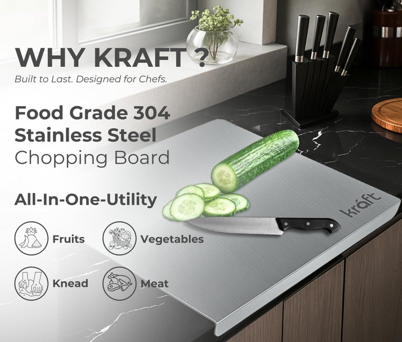 Kraft Stainless Steel Chopping Board – 39 x 31 cm, Food Grade Steel Cutting Board with Lip, Non-Slip & Rust-Proof, Sleek Rounded Edges, Heavy-Duty for Cutting Vegetables, Meat, Fish & Fruits – Large - Image 4