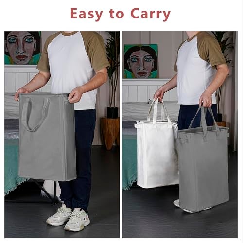 efluky Slim Laundry Basket, Narrow Laundry Hamper with Handles, Collapsible Dirty Clothes Hamper, Tall Laundry Bin for Laundry Room, Dorm and Bedroom, 12.7 Gallons(48L) Grey - Image 5