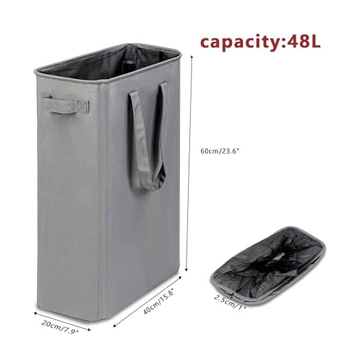 efluky Slim Laundry Basket, Narrow Laundry Hamper with Handles, Collapsible Dirty Clothes Hamper, Tall Laundry Bin for Laundry Room, Dorm and Bedroom, 12.7 Gallons(48L) Grey - Image 2