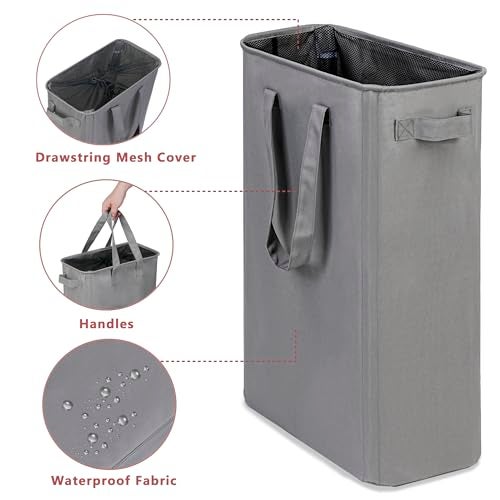 efluky Slim Laundry Basket, Narrow Laundry Hamper with Handles, Collapsible Dirty Clothes Hamper, Tall Laundry Bin for Laundry Room, Dorm and Bedroom, 12.7 Gallons(48L) Grey - Image 3